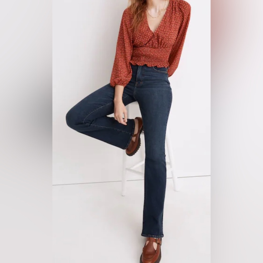 NWT Madewell SZ L Burnt Orange Cropped Faux Wrap Top Bubble Sleeves Ruffle Hem